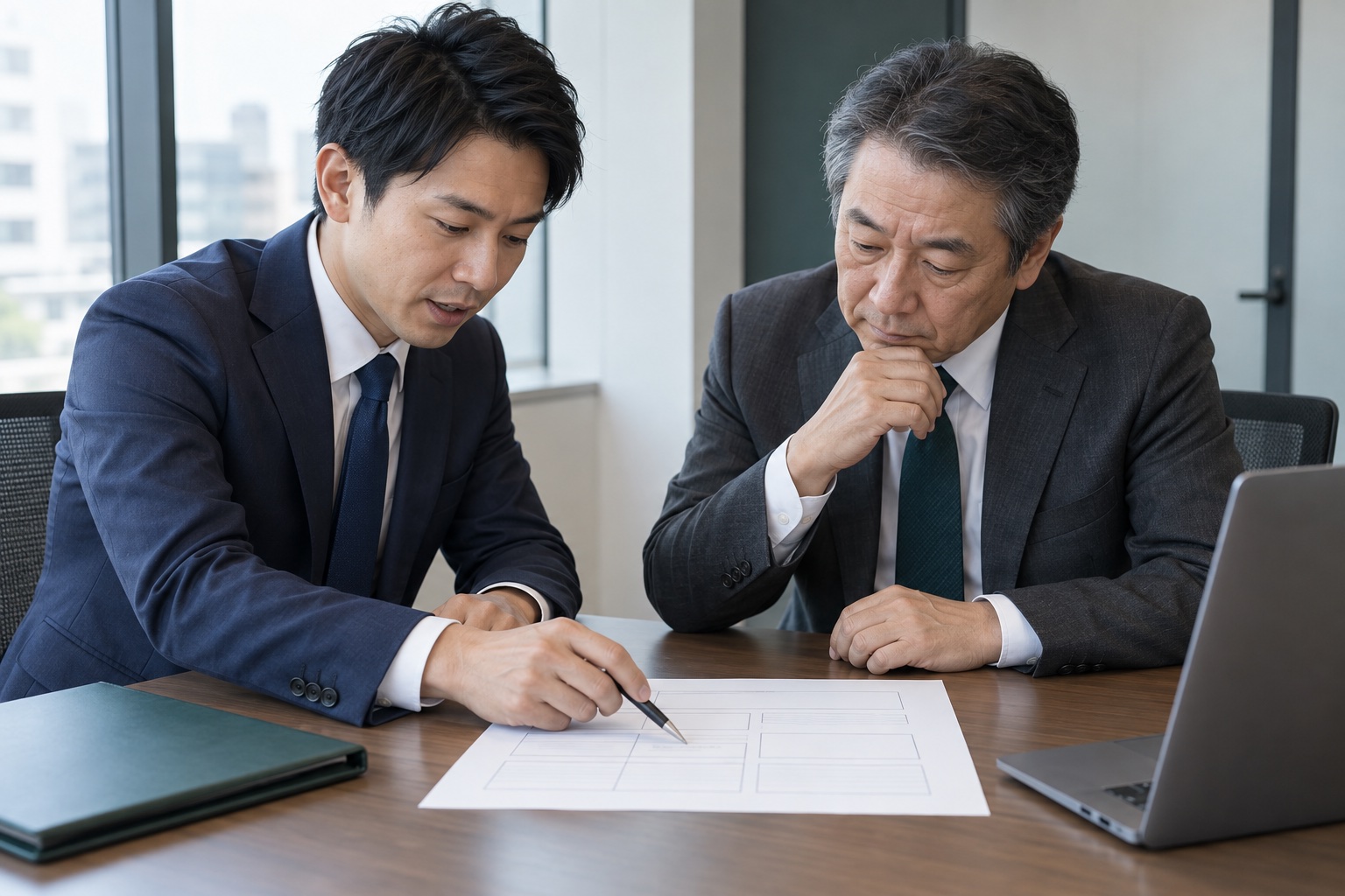 専門家と経営者が、採用の計画書を一緒に見ながら話し合う利用場面のイメージ