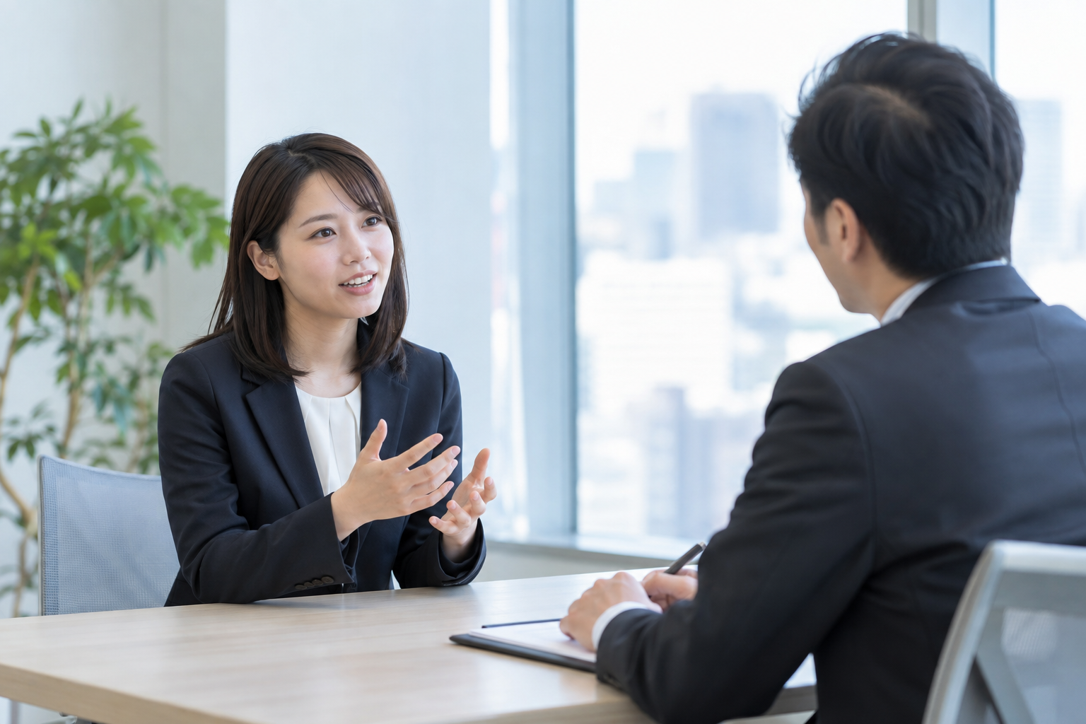 面接後の感想を丁寧に聞く様子